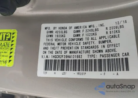 2017 Honda Accord Lx из США, поврежденный, VIN 1HGCR2F39HA131662